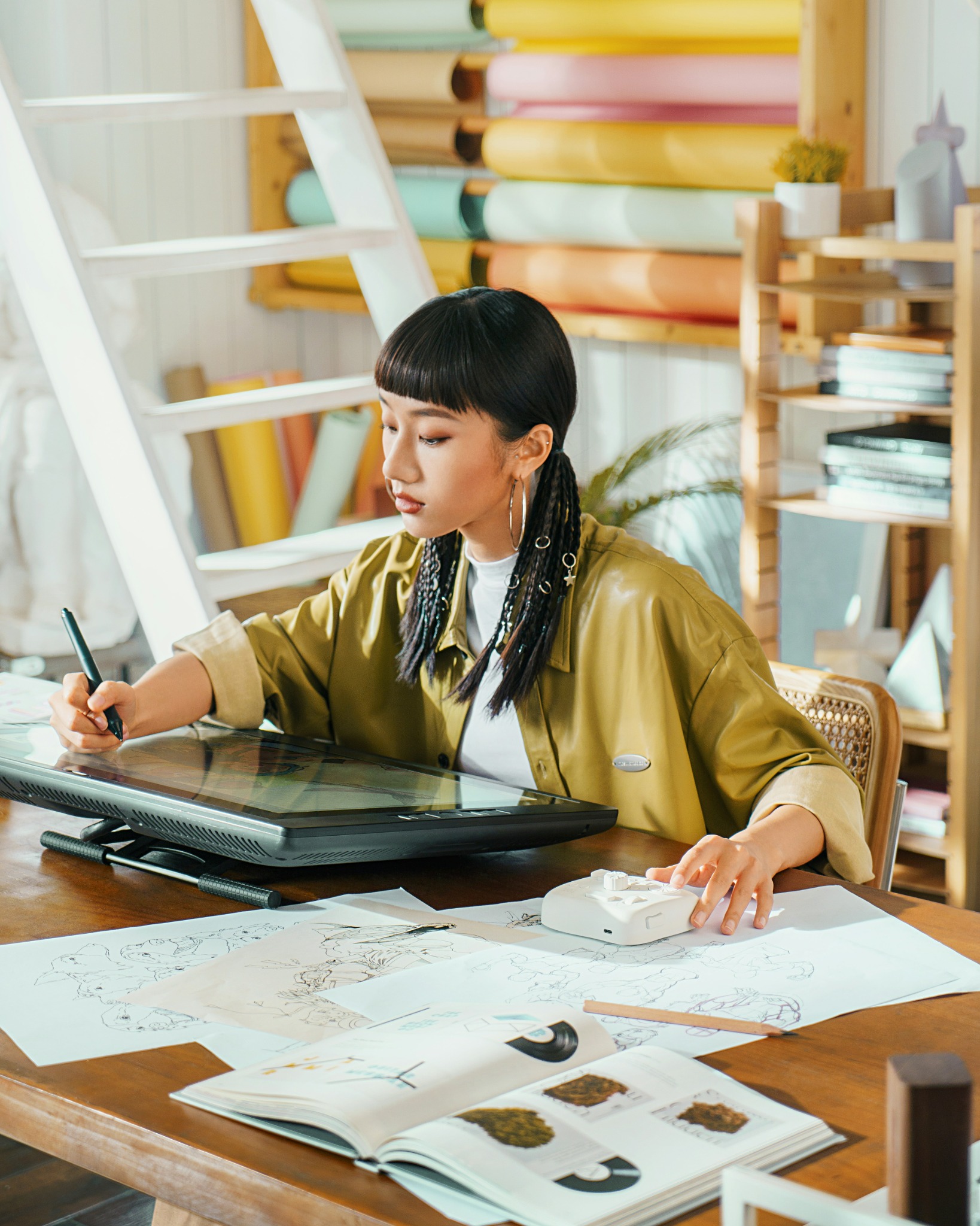 Designerin arbeitet mit einem Stift an einem Grafiktablett.